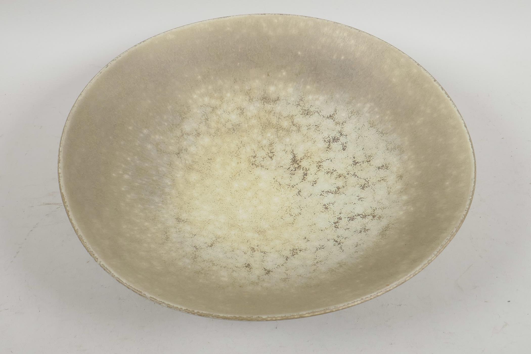 Carl-Harry Stalhane for Rorstrand, studio pottery shallow fruit bowl with clouded glaze, 11" dia