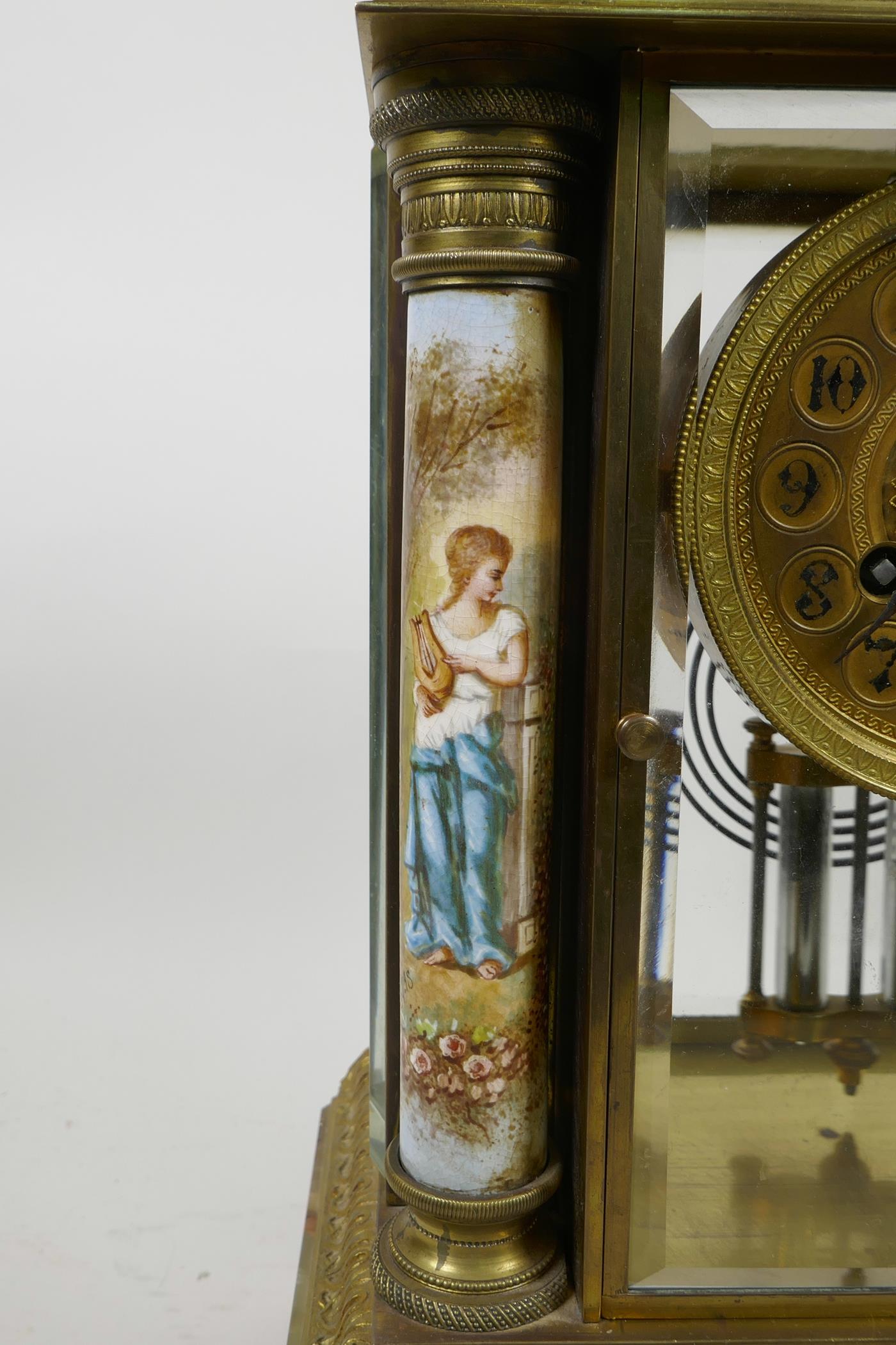 A French onyx and brass cased portico clock with enamelled columns decorated with classical maidens, - Image 2 of 5