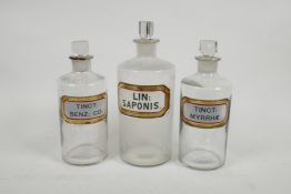 Three antique chemist bottles and stoppers with enamelled labels, largest 9" high