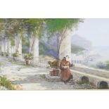 The Amalfi coast with a monk, signed indistinctly, 18½" x 11½"