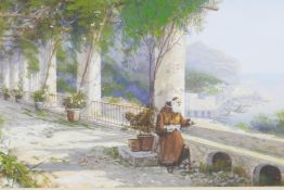 The Amalfi coast with a monk, signed indistinctly, 18½" x 11½"
