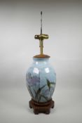 A Chinese pottery vase converted into a lamp with a Jun style glaze, 29" high