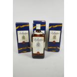 Three boxed bottles of Ballantine's finest scotch whisky (1 litre)