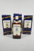 Three boxed bottles of Ballantine's finest scotch whisky (1 litre)