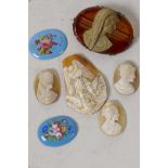 Four carved shell cameos, three profile portraits and an angel, A/F, together with two floral