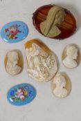 Four carved shell cameos, three profile portraits and an angel, A/F, together with two floral