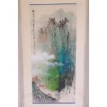 A Chinese watercolour scroll decorated with a contemporary mountain scene, 30½" x 14"