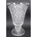 A Stuart lead crystal pedestal cut glass vase, 13" high