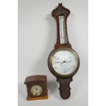 A mahogany cased mantel clock with architectural column decoration, 4" high, together with an