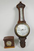 A mahogany cased mantel clock with architectural column decoration, 4" high, together with an