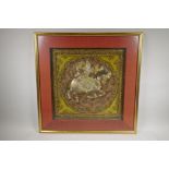 An Indian stumpwork of a figure on horseback, framed, 18½? x 18½?