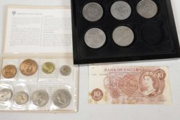 A Barclay's Bank pre-decimal coin set, a 1955/62 ten shilling note and five commemorative crowns