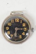 A WWI Swiss made silver cased trench watch with black face marked 'Black Watch' (presumed