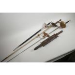 A replica Spanish sword with trefoil ground blade, 38" long, together with a tipped fencing foil,