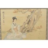 A Chinese watercolour on silk of a young girl beneath a tree, signed with calligraphy and red seal
