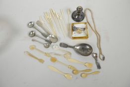 A quantity of miscellaneous items to include carved bone spoons, cocktail sticks, pearl necklace,