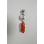 A silver, coral and mine cut diamond set pendant necklace, 1½" drop