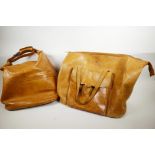 Two mid C20th American leather holdalls of sturdy construction in thick tan hide, largest 20" x 15",