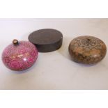 Three Kashmiri lacquer boxes with traditional millefiori decoration, largest 5" wide