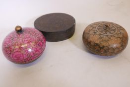Three Kashmiri lacquer boxes with traditional millefiori decoration, largest 5" wide