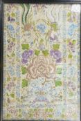 An antique Chinese silk embroidery of flowers and exotic creatures, 10" x 16", framed as a tray