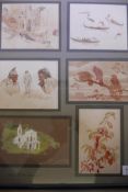 Randolph Caldecott, six framed pencil and wash studies from his sketchbook, 4½" x 5½", inscribed
