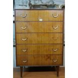 A mid-century teak chest of five drawers, one handle missing, 30" x 18", 43" high