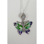 A 925 silver and plique a jour pendant necklace in the form of a butterfly, 1" wide