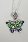 A 925 silver and plique a jour pendant necklace in the form of a butterfly, 1" wide