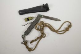 An antler handled penknife with single blade and corkscrew, 6" long, on a rope lanyard in leather