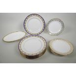 Six c.1910 Limoges F. Paulhat fine porcelain plates with hand decorated cobalt blue and gilded