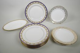 Six c.1910 Limoges F. Paulhat fine porcelain plates with hand decorated cobalt blue and gilded
