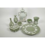A collection of Wedgwood Green Jasperware, including lamp base, 11" high, 9¼" plate, heart shaped