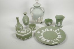 A collection of Wedgwood Green Jasperware, including lamp base, 11" high, 9¼" plate, heart shaped