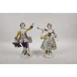 A pair of Naples porcelain figures of a dandy and young woman, dandy A/F, bases marked with a