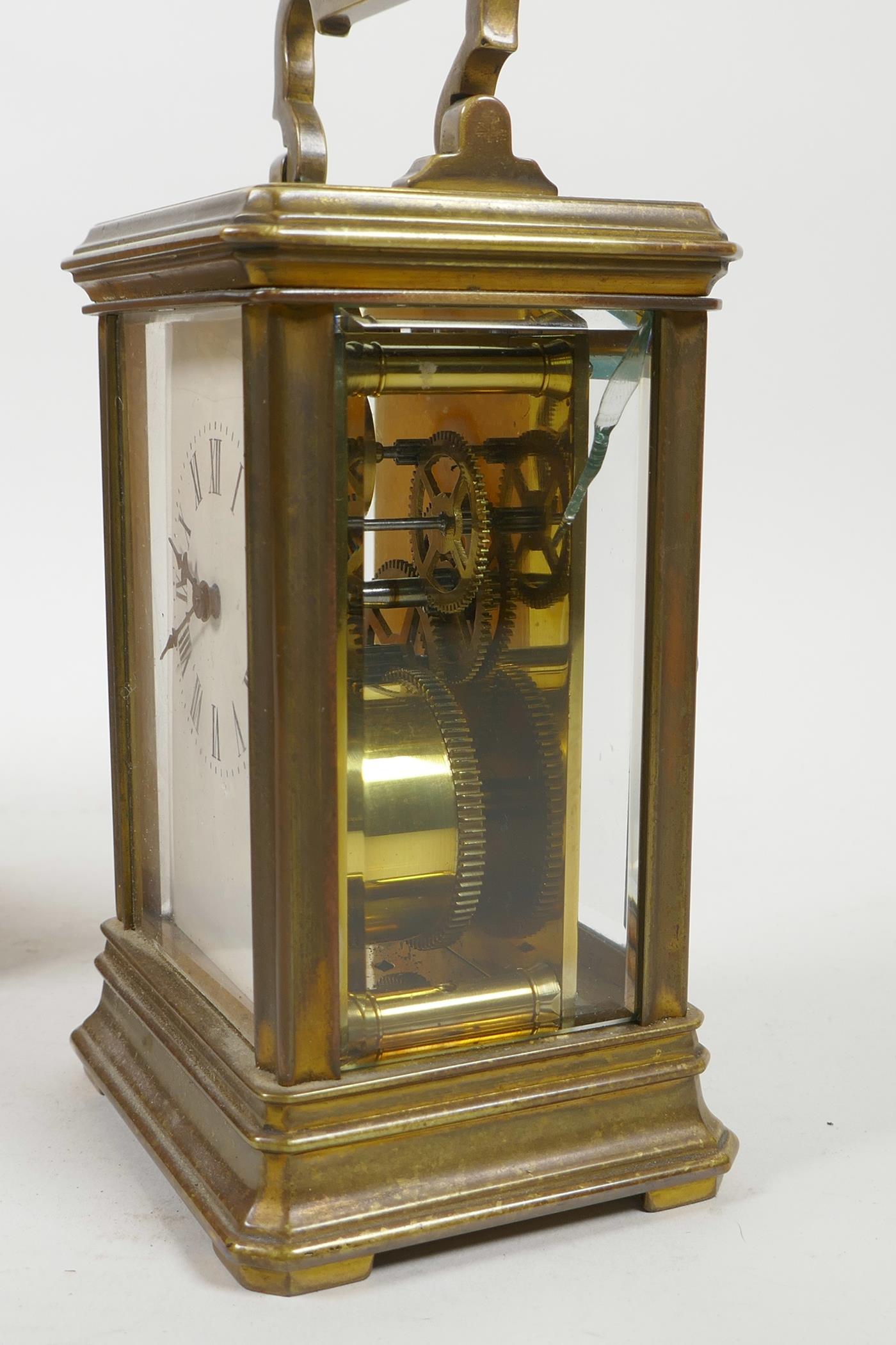 A French brass cased carriage clock and fitted travel case, crack to glass side panel, clock 3" x - Image 4 of 5