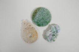 Three Chinese carved jade pendants decorated with dragons, auspicious symbols, carp etc, largest
