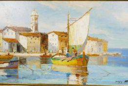Mediterranean coastal scene with building on the shore and anchored sailing boat signed D'Oyly John,