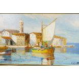 Mediterranean coastal scene with building on the shore and anchored sailing boat signed D'Oyly John,