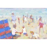 Figures on a beach, signed Ross Carter, modern British School oil on card, 5" x 7"