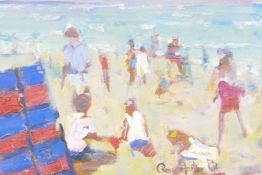 Figures on a beach, signed Ross Carter, modern British School oil on card, 5" x 7"