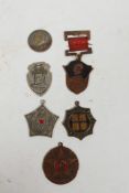 Six Chinese copper and white metal medals with enamelled features, largest 1½"