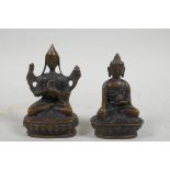 A miniature Sino-Tibetan bronze of Buddha seated on a lotus throne, and another, largest 3" high