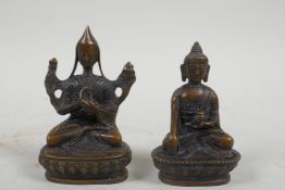 A miniature Sino-Tibetan bronze of Buddha seated on a lotus throne, and another, largest 3" high