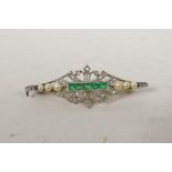 A fine Art Deco yellow and white metal diamond, seed pearl and emerald brooch, 1½? long, 2.1g