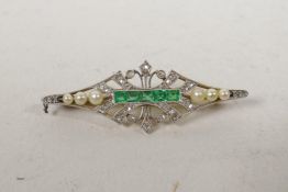 A fine Art Deco yellow and white metal diamond, seed pearl and emerald brooch, 1½? long, 2.1g
