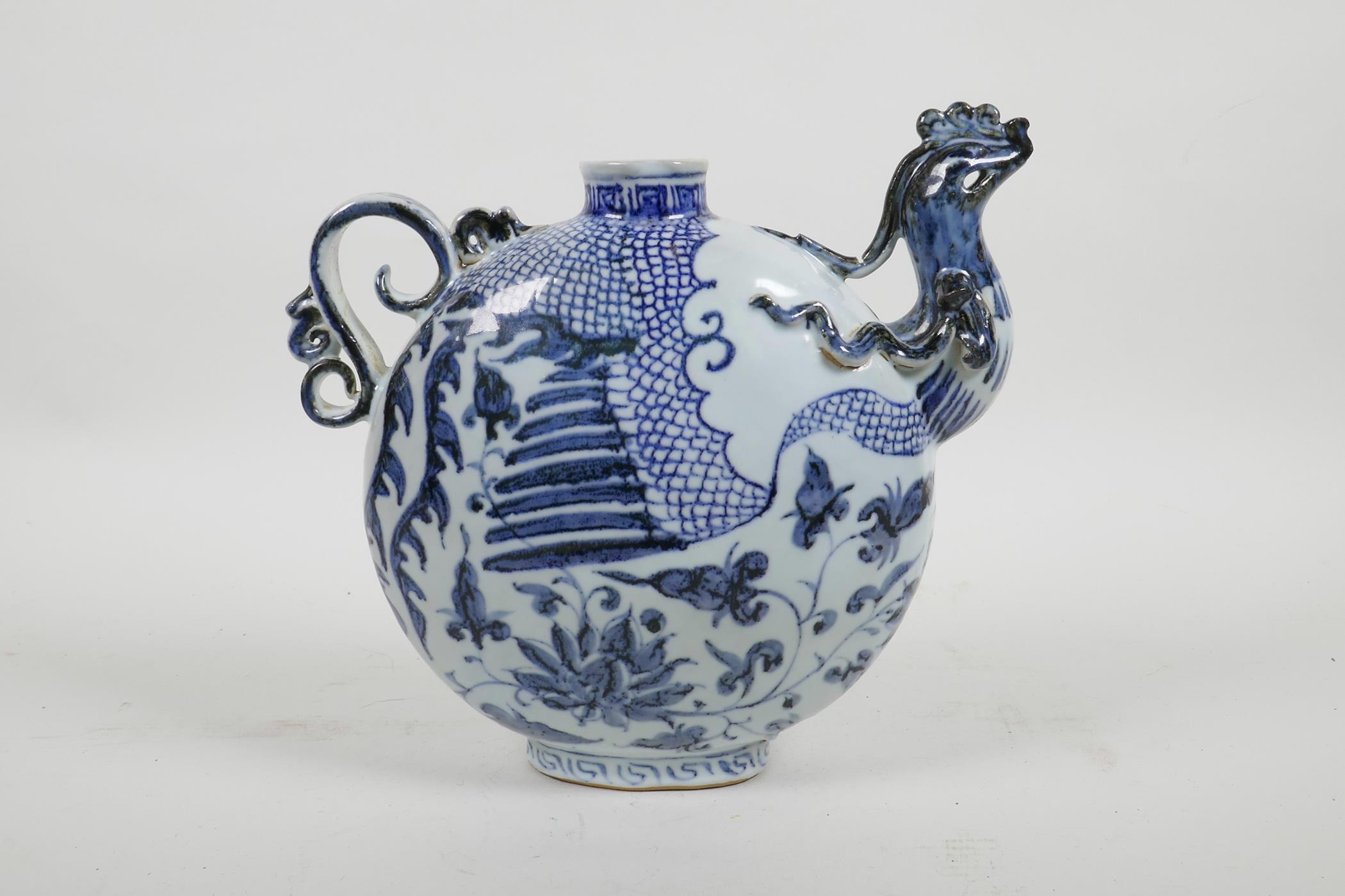 A Chinese blue and white porcelain phoenix pourer, 8" high - Image 2 of 3