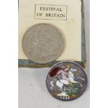 An 1889 coin brooch, the reverse with a coloured enamel depiction of St George, together with a 1951