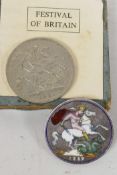 An 1889 coin brooch, the reverse with a coloured enamel depiction of St George, together with a 1951