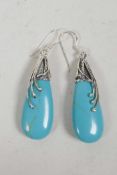 A pair of Art Nouveau style 925 silver and turquoise stone drop earrings, 2" drop